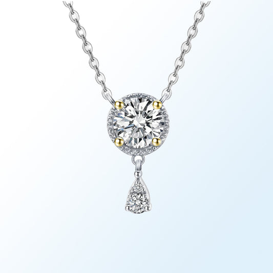 1.0Ct Certified VVS1 Moissanite Necklace: Two Tone Halo Drop, Sterling Silver