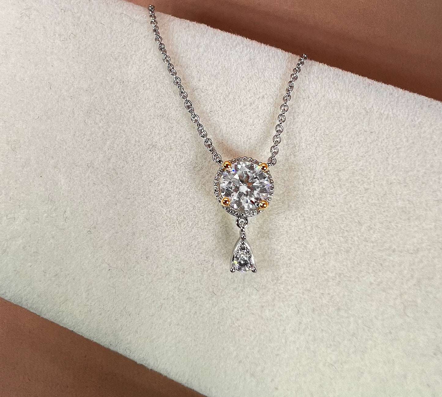 1.0Ct Certified VVS1 Moissanite Necklace: Two Tone Halo Drop, Sterling Silver