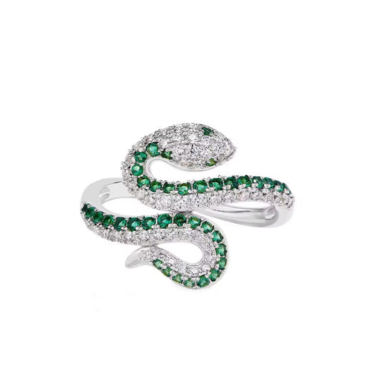 Moissanite Snake Ring: Emerald Eyes, 18K Gold Plated Sterling Silver