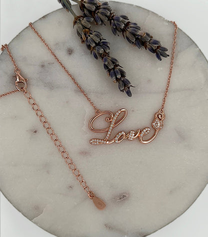 Rose Gold Love Script Necklace: White Sapphire Sterling Silver Pendant