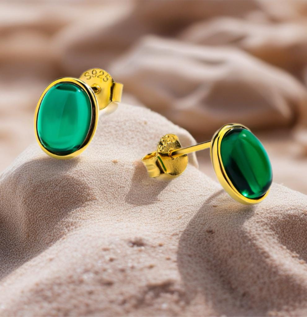 Emerald Stud Earrings: 18K Gold Plated Sterling Silver Bezel