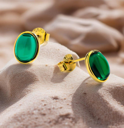 Emerald Stud Earrings: 18K Gold Plated Sterling Silver Bezel