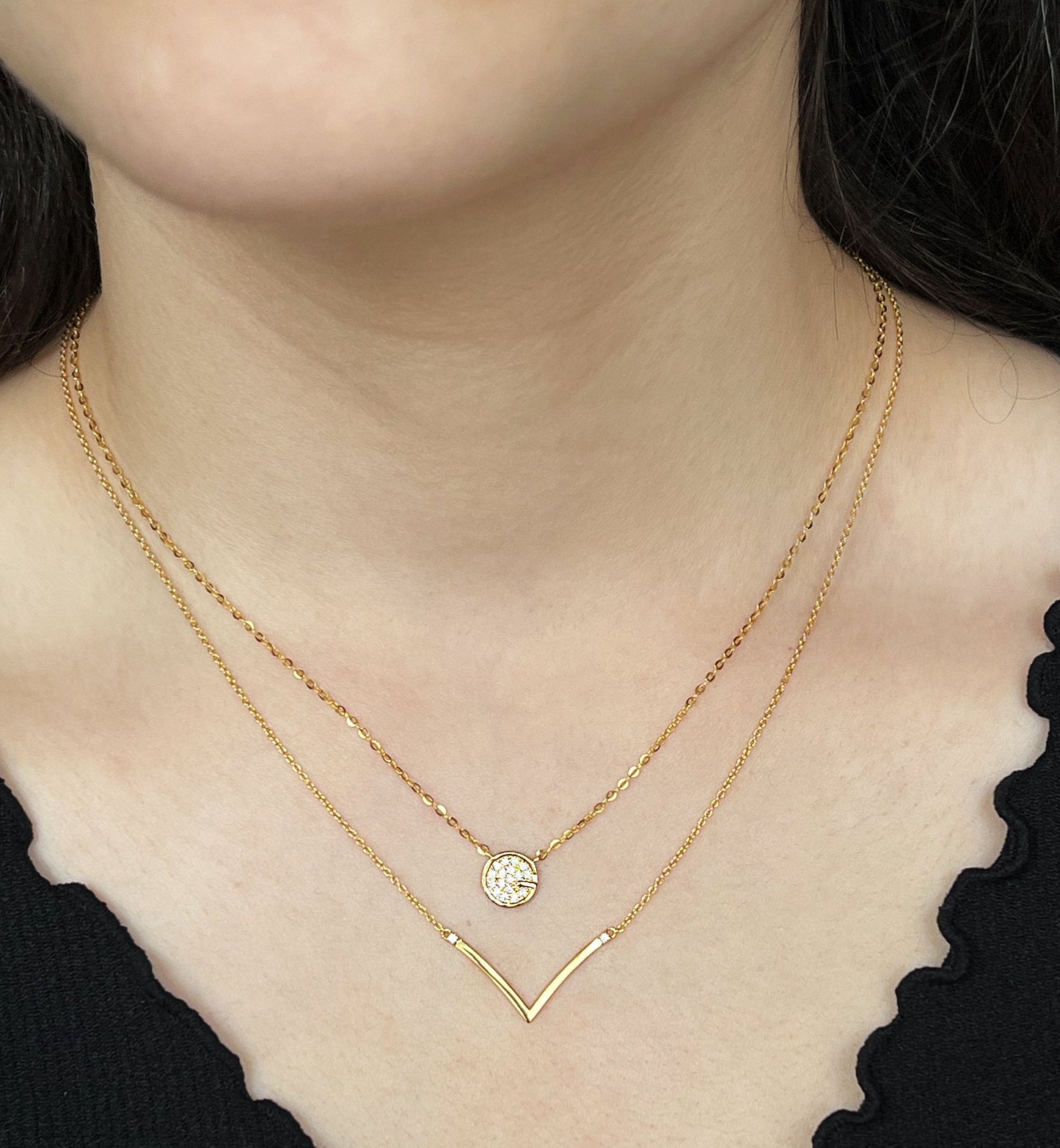 Moissanite Pavé Disc Necklace: 18K Yellow Gold Plated Sterling Silver