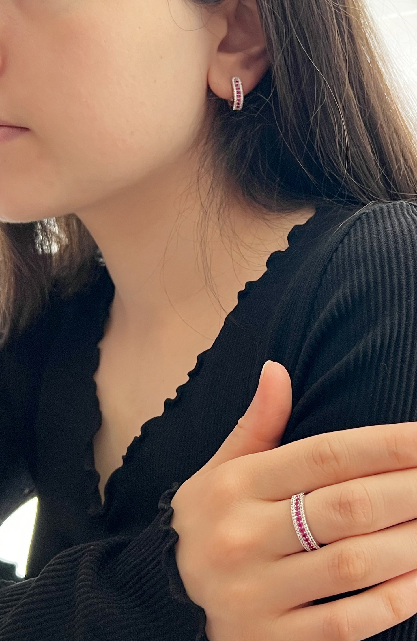 Ruby Huggie Earrings: Rhodium-Plated Sterling Silver, Small Hoop Earrings