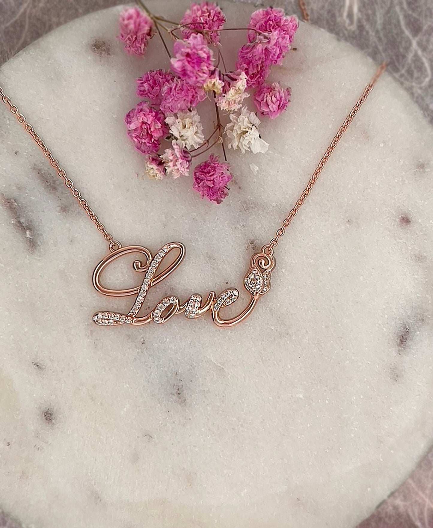 Rose Gold Love Script Necklace: White Sapphire Sterling Silver Pendant