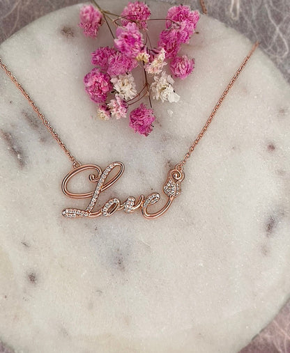 Rose Gold Love Script Necklace: White Sapphire Sterling Silver Pendant