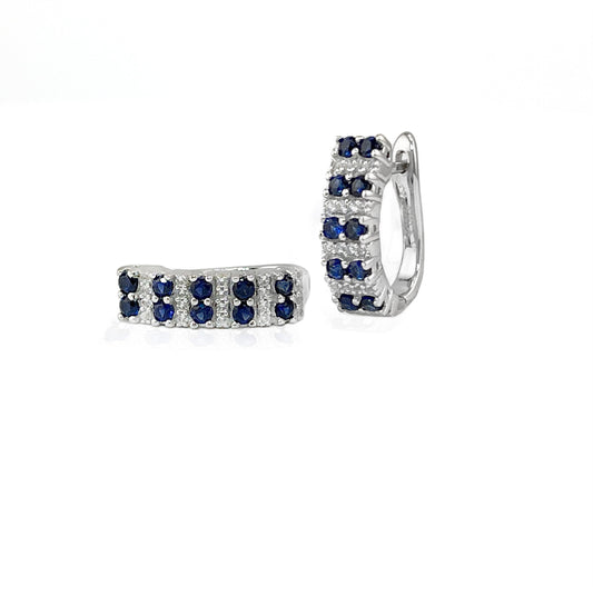 Blue & White Sapphire Huggie Earrings: Rhodium-Plated Sterling Silver
