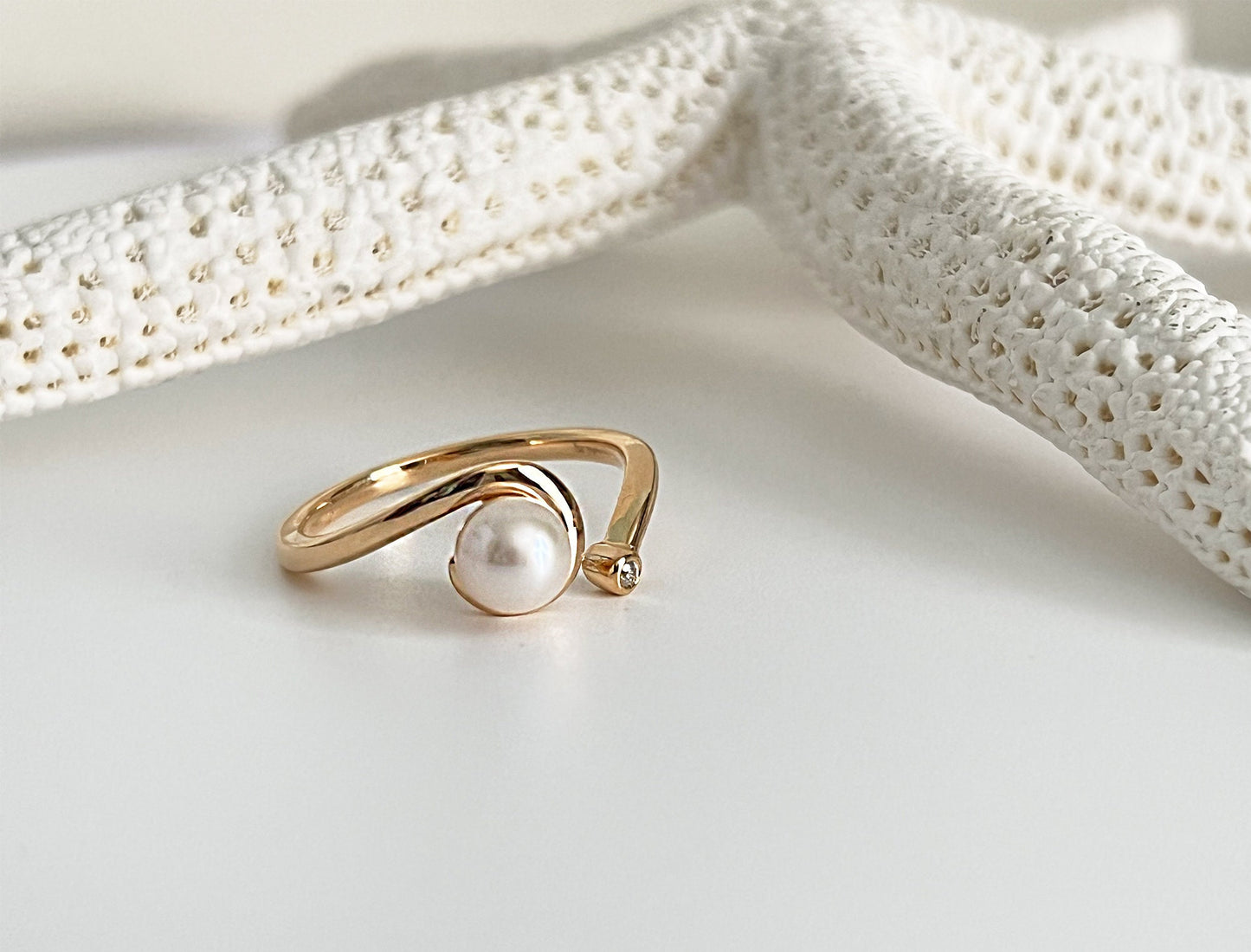 Freshwater Pearl Moissanite Bypass Ring, 14K Gold Plated Sterling Silver