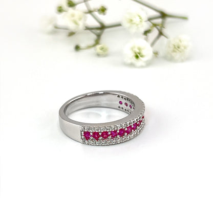 Rhodium-Plated Sterling Silver Ruby Ring: Half Eternity Stackable Band
