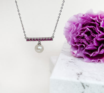 Sterling Silver Bar Necklace: Ruby or Sapphire, Freshwater Pearl Dangle