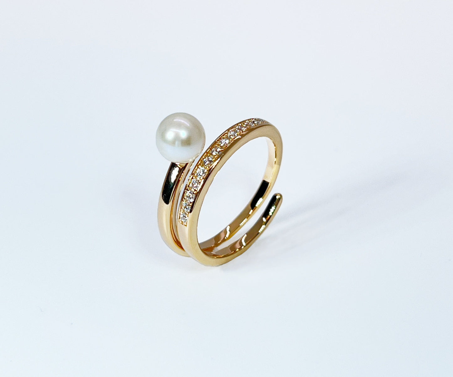 Moissanite Freshwater Pearl Ring: 14K Gold Sterling Silver Spiral