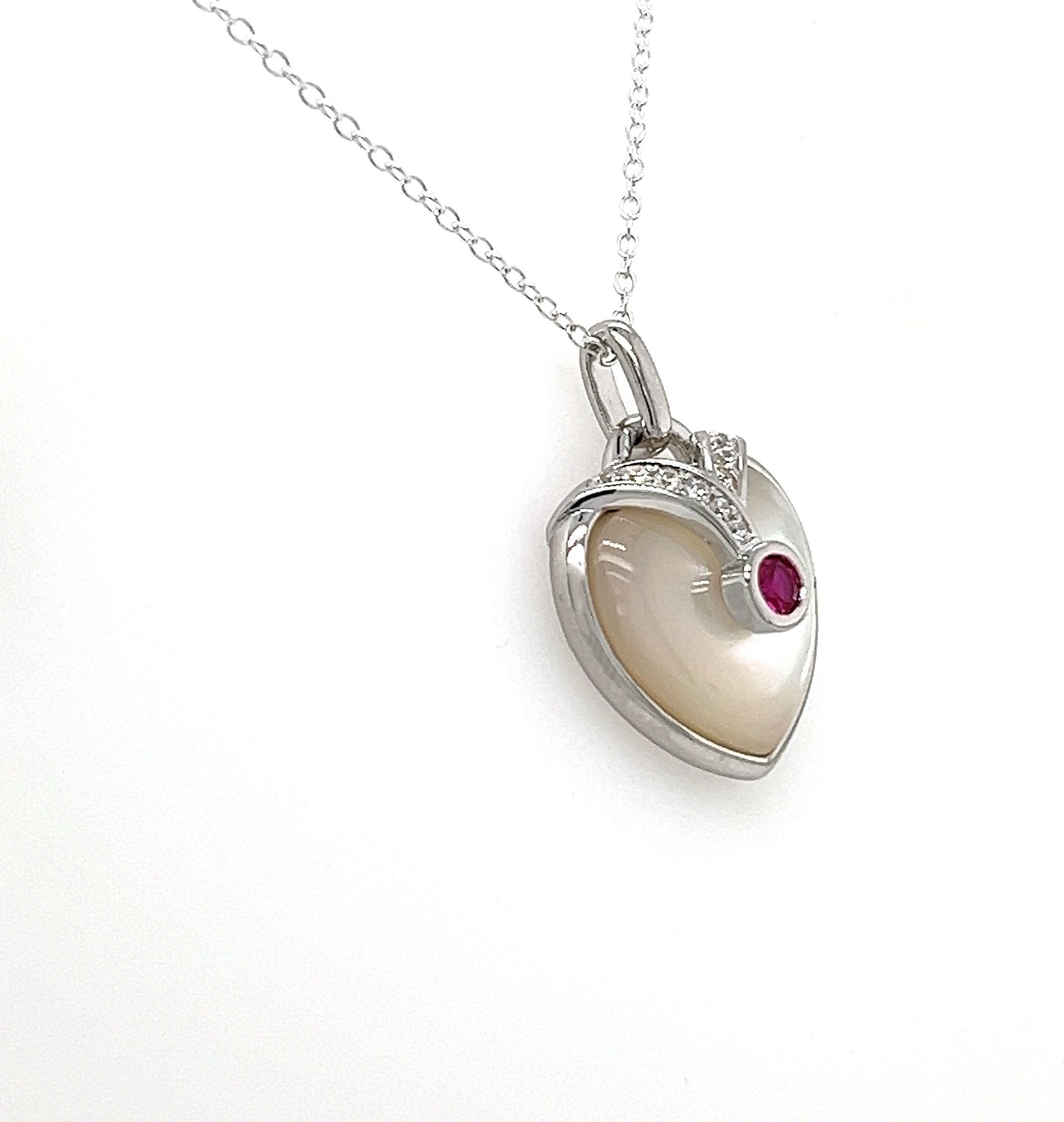 Mother of Pearl Heart Necklace: Sterling Silver, Ruby or Emerald, White Sapphire Pendant