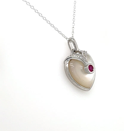 Mother of Pearl Heart Necklace: Sterling Silver, Ruby or Emerald, White Sapphire Pendant