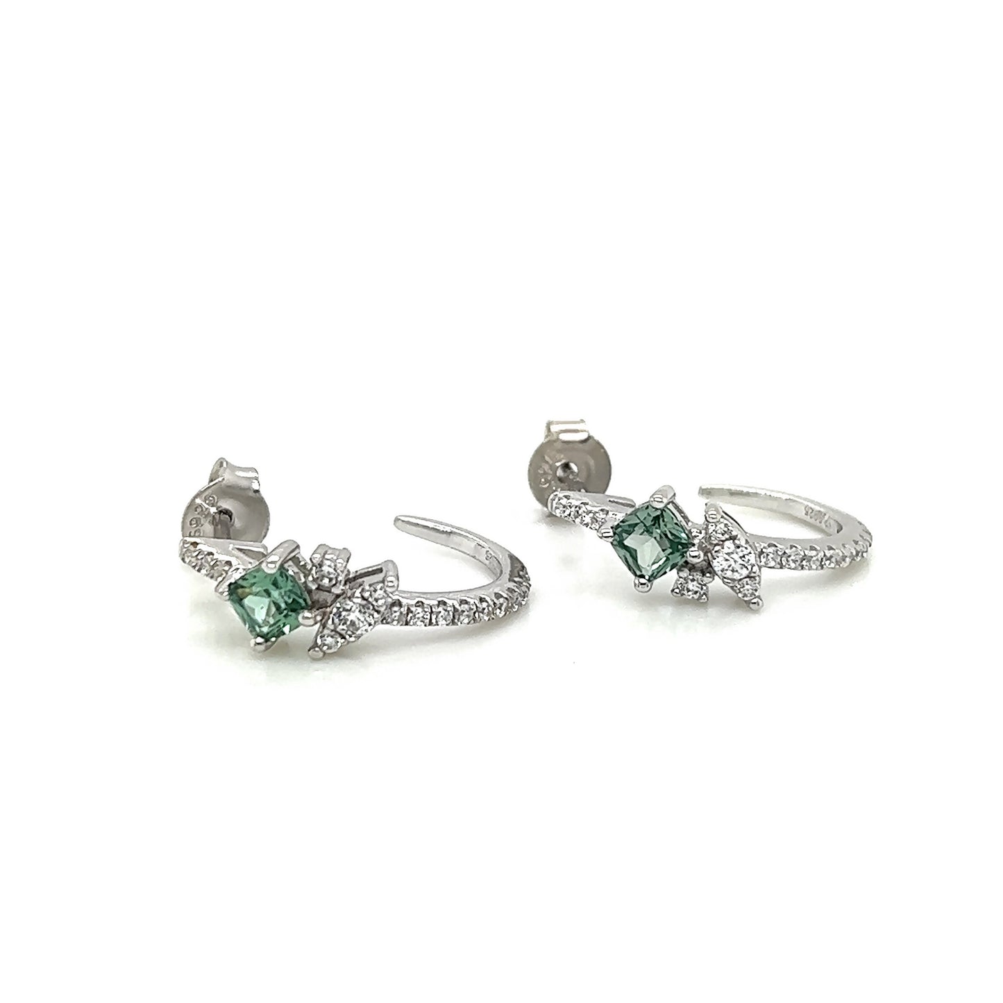 Green & White Sapphire Hoop Earrings: Sterling Silver Flower J Hoops