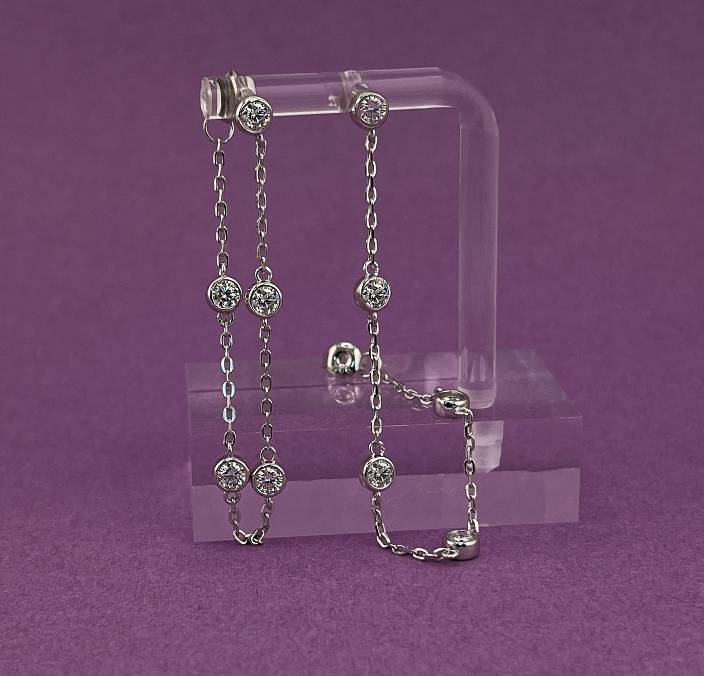 Moissanite Threader Earrings: Rhodium Plated Sterling Silver Chain Drop Earrings