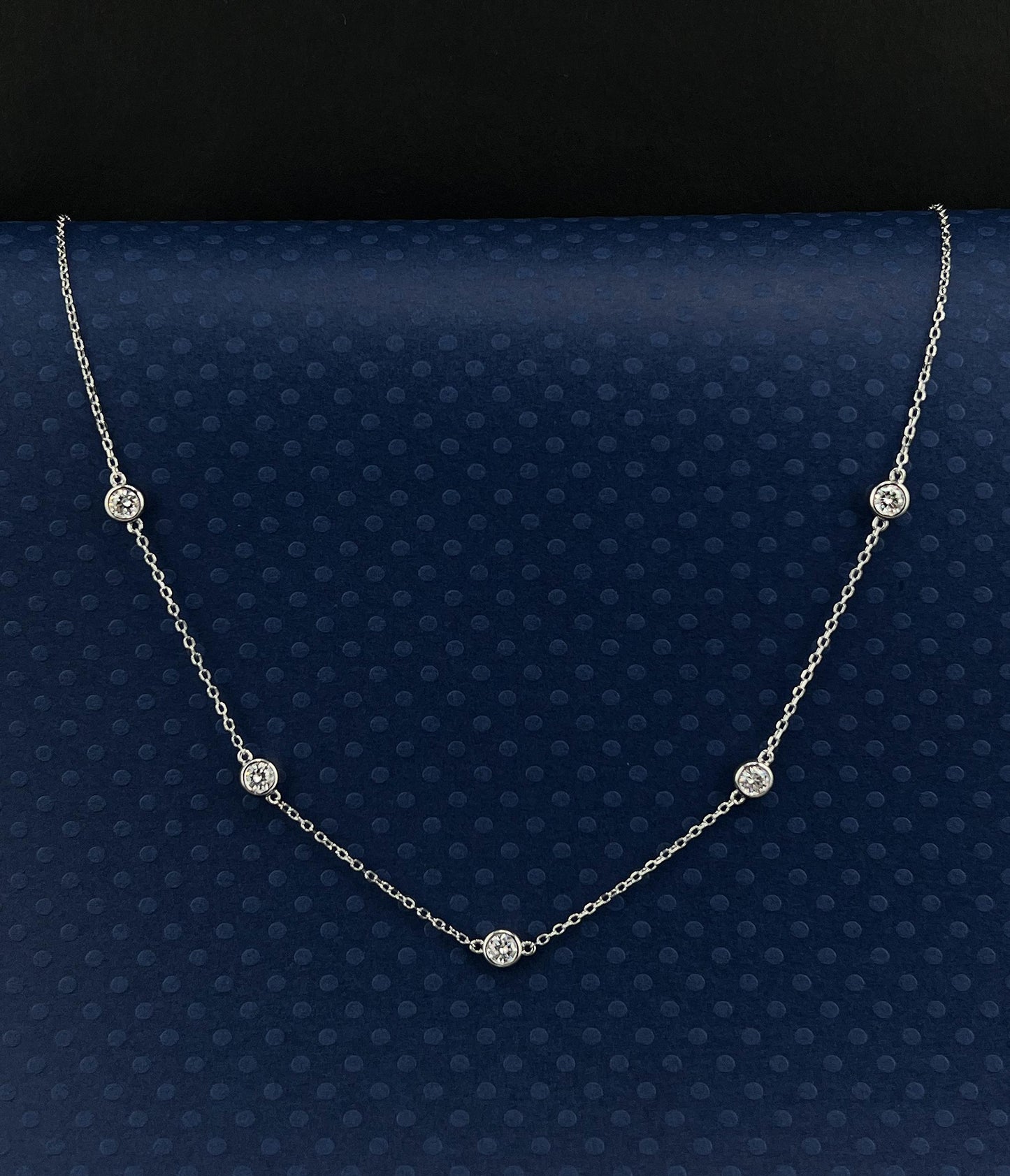 Moissanite Bezel Station Necklace: Rhodium Plated Sterling Silver, 1 CTTW