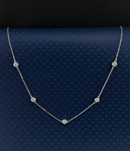 Moissanite Bezel Station Necklace: Rhodium Plated Sterling Silver, 1 CTTW