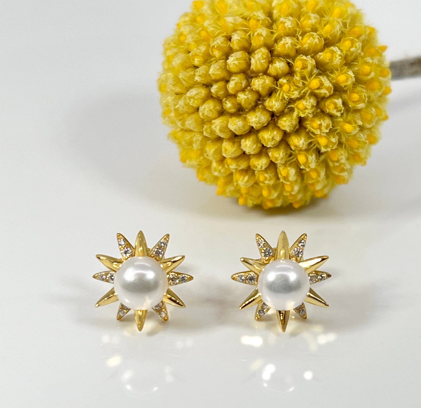 Pearl Star Stud Earrings: Yellow Gold Plated Sterling Silver, CZ
