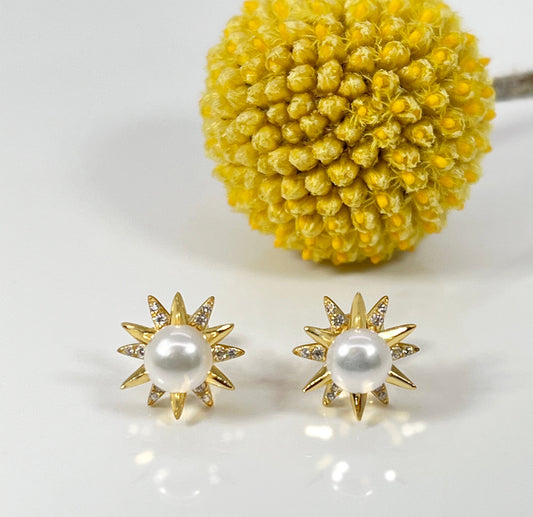 Pearl Star Stud Earrings: Yellow Gold Plated Sterling Silver, CZ