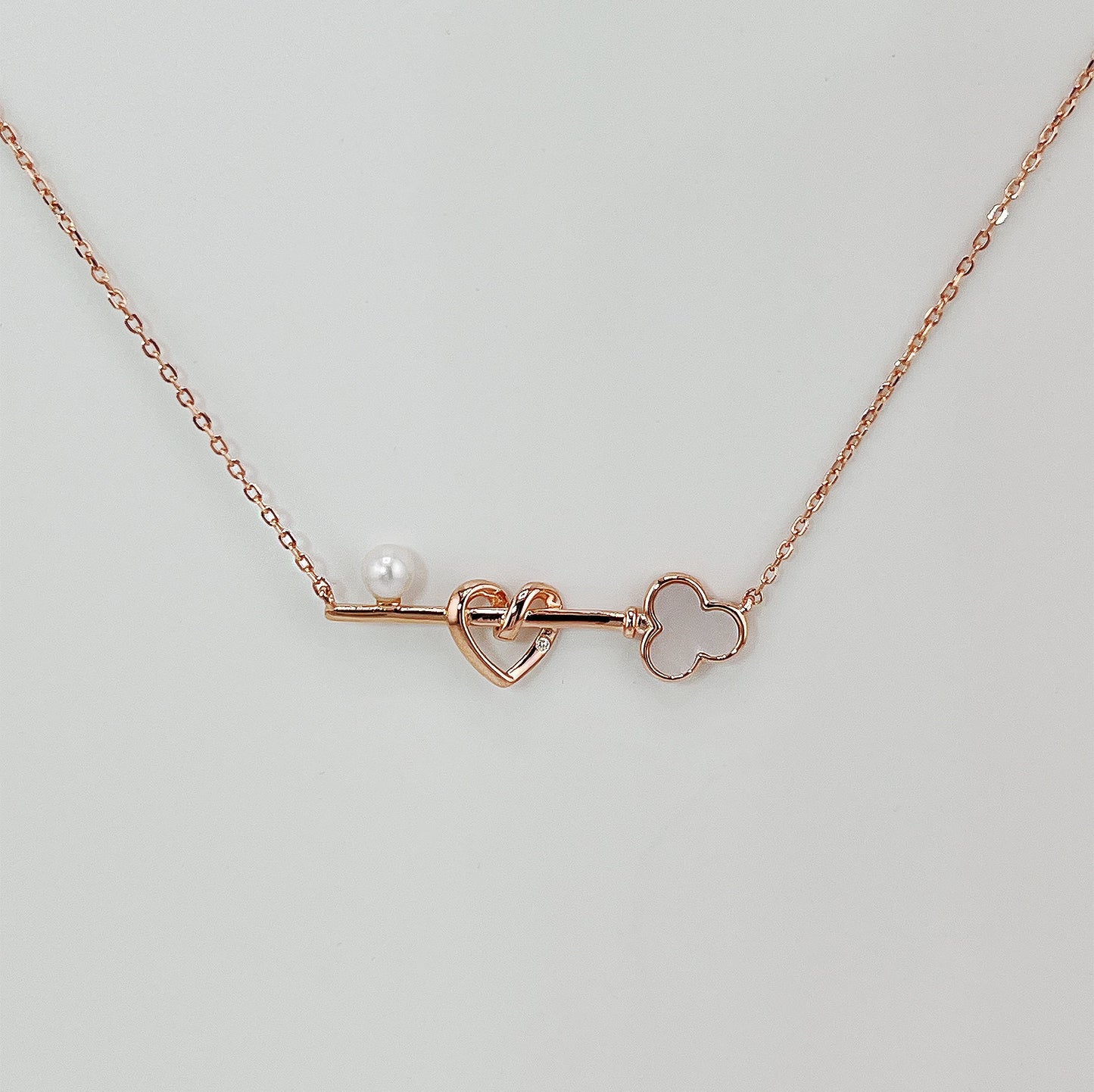 Rose Gold Heart Key Necklace: Mother of Pearl, Moissanite Accents