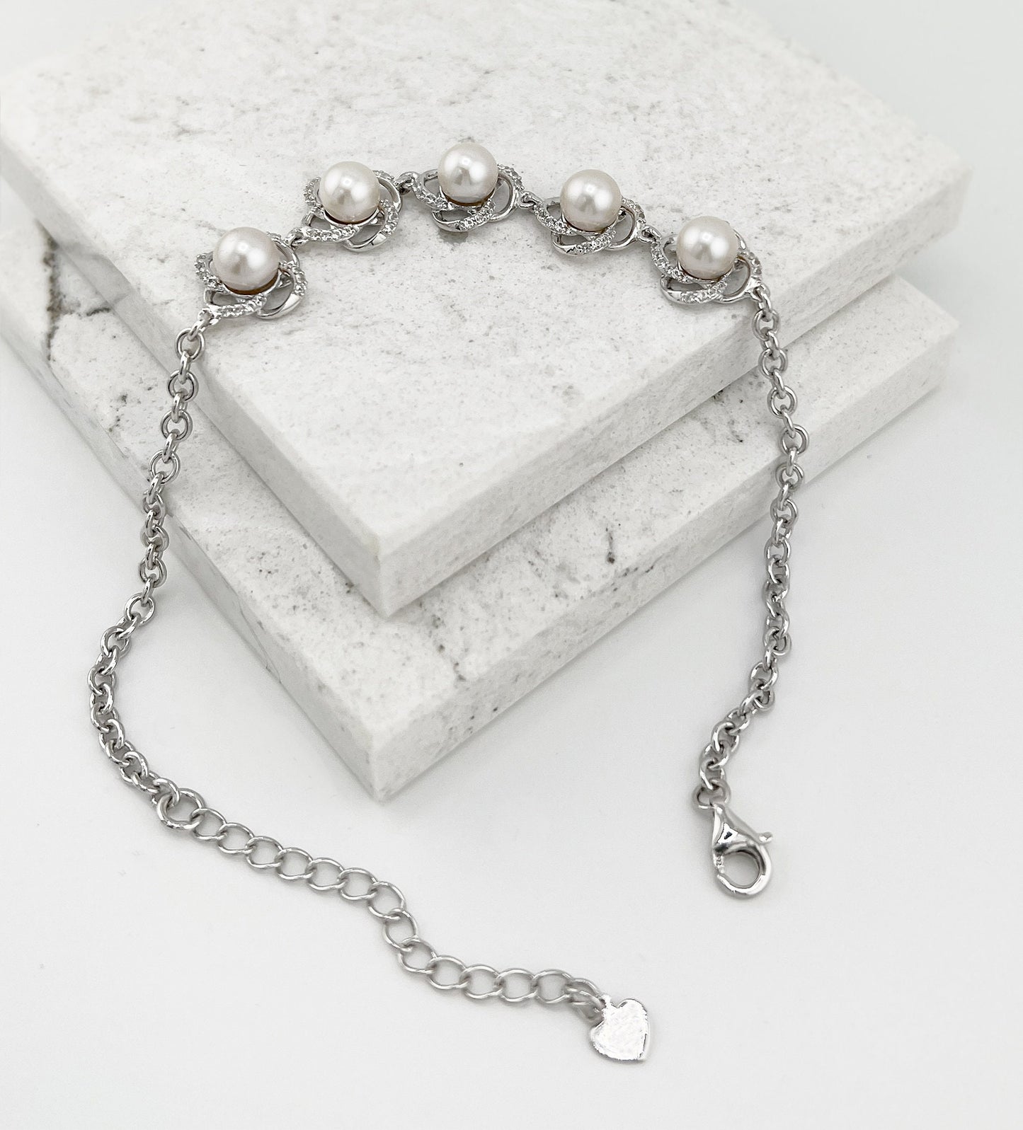 Moissanite Flower Bracelet: Freshwater Pearl, Rhodium Sterling Silver Bridal Jewelry