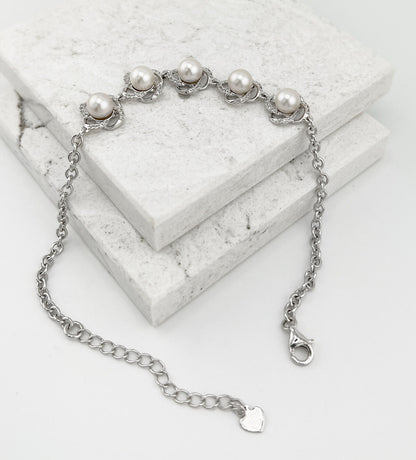 Moissanite Flower Bracelet: Freshwater Pearl, Rhodium Sterling Silver Bridal Jewelry