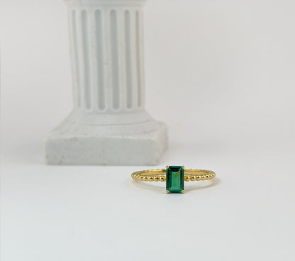 Emerald Baguette Ring: 14K Gold Plated Sterling Silver Stacker - Size 7