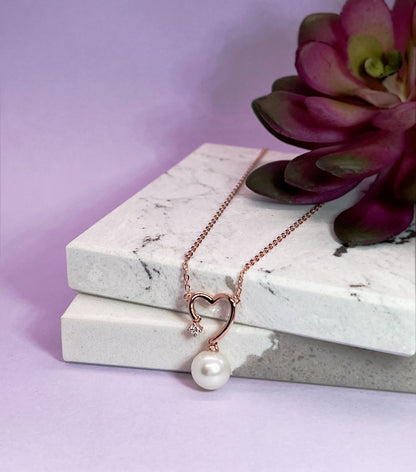 Moissanite & Pearl Heart Pendant Necklace: 14K Rose Gold Sterling Silver