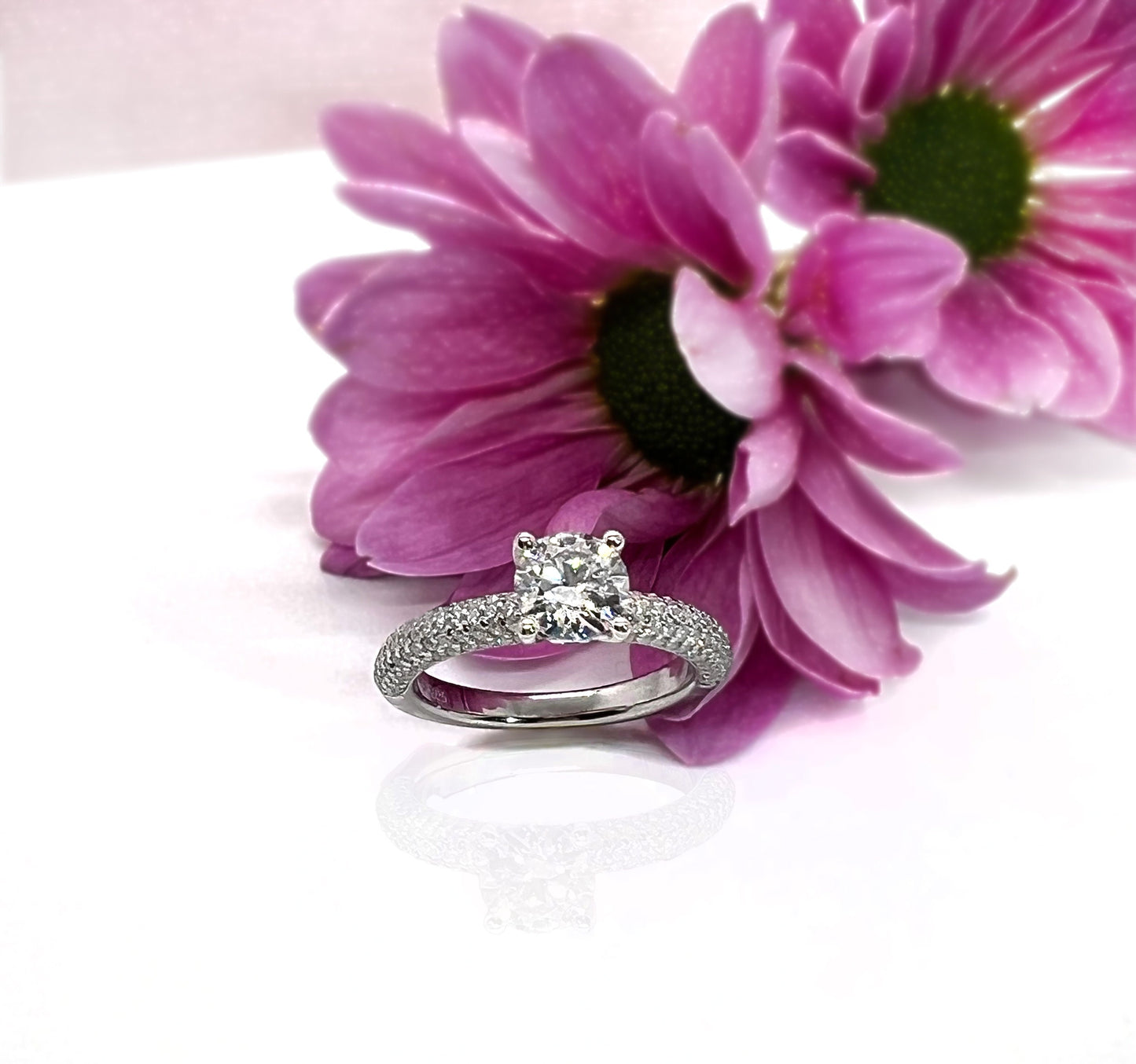 1 Ct VVS1 Moissanite Engagement Ring: Rhodium Plated Sterling Silver Pavé Band