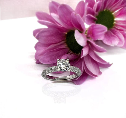 1 Ct VVS1 Moissanite Engagement Ring: Rhodium Plated Sterling Silver Pavé Band