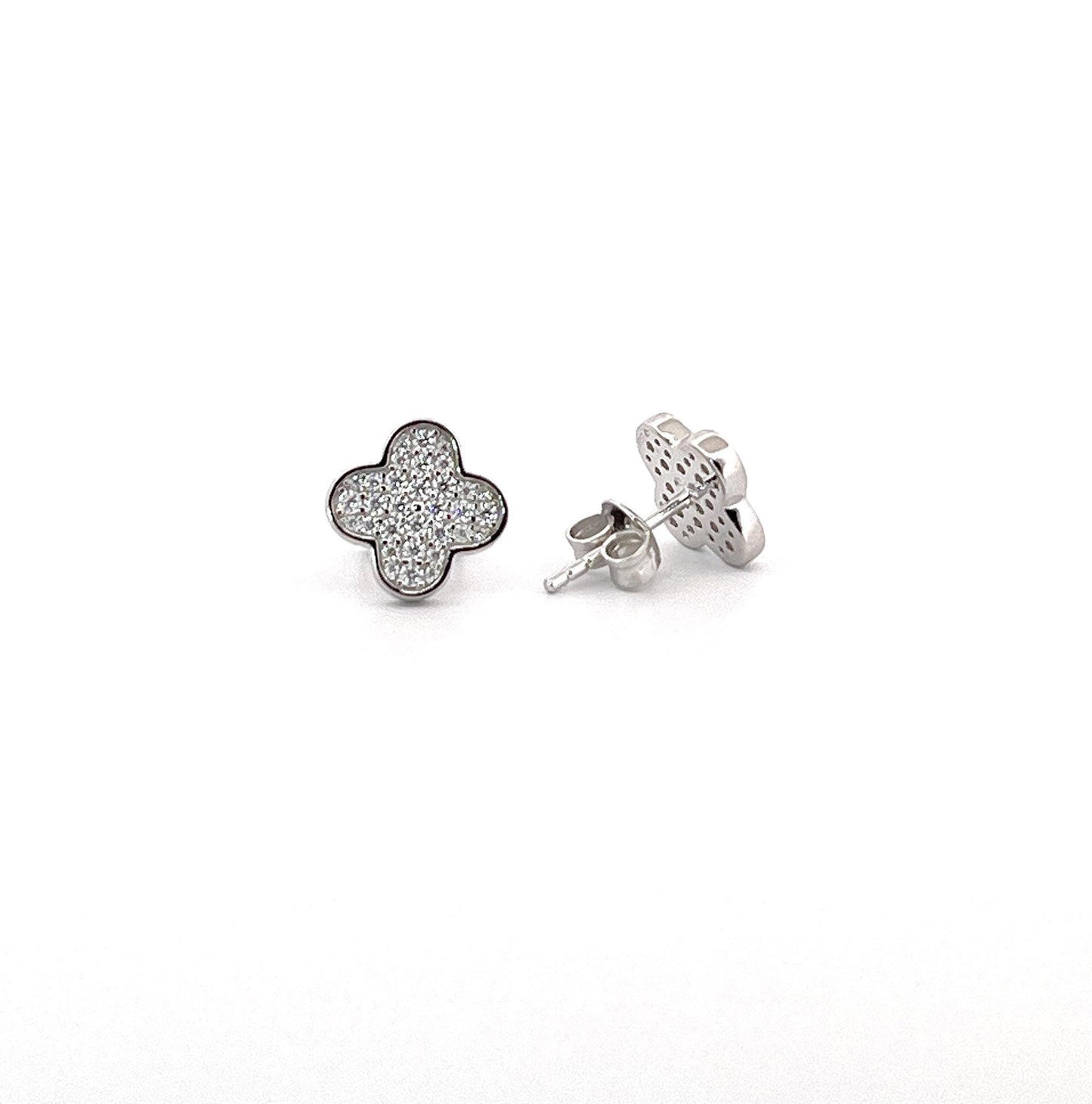 Moissanite Clover Stud Earrings: Rhodium Plated Sterling Silver Floral Earstuds