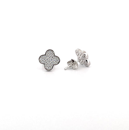 Moissanite Clover Stud Earrings: Rhodium Plated Sterling Silver Floral Earstuds