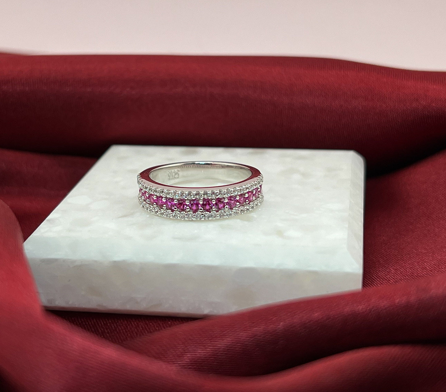 Rhodium-Plated Sterling Silver Ruby Ring: Half Eternity Stackable Band