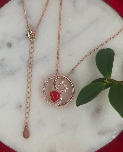 Rose Gold Sterling Silver Heart Necklace: Red Enamel CZ Pendant
