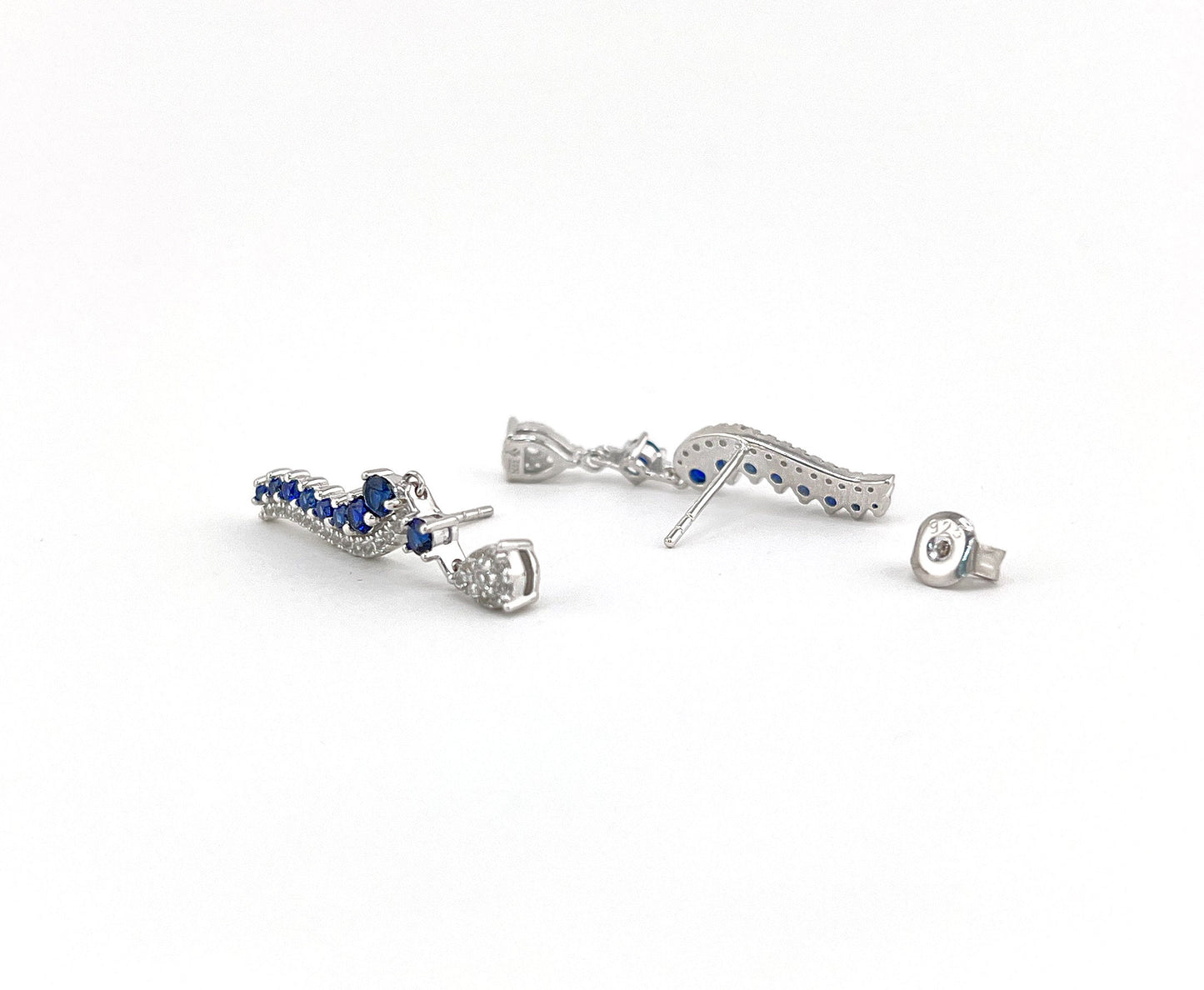 Blue Sapphire Earrings in Rhodium Plated Sterling Silver, Leaf Climber Earrings, Sapphire Bridal Earrings,ar Climber Floral Earring for Her