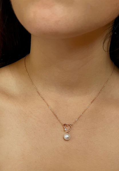 Moissanite & Pearl Heart Pendant Necklace: 14K Rose Gold Sterling Silver