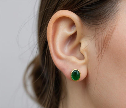 Emerald Stud Earrings: 18K Gold Plated Sterling Silver Bezel