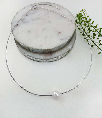 Floating Pearl Necklace: Rhodium Plated Sterling Silver Wire, Minimalist Jewelry