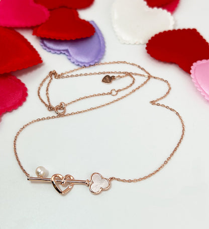Rose Gold Heart Key Necklace: Mother of Pearl, Moissanite Accents