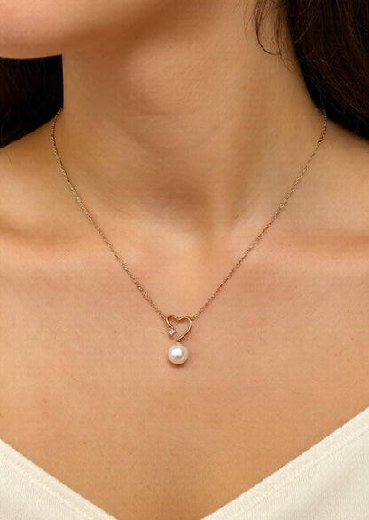 Moissanite & Pearl Heart Pendant Necklace: 14K Rose Gold Sterling Silver