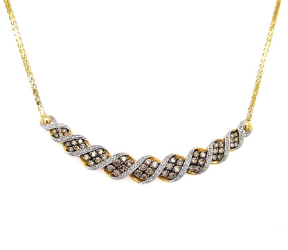 Vintage 14K Yellow Gold Chevron Necklace: 2Ct Champagne & White Diamond V Pendant