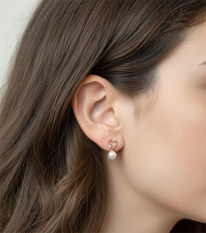 Moissanite Pearl Heart Earrings: 14K Rose Gold Plated Sterling Silver