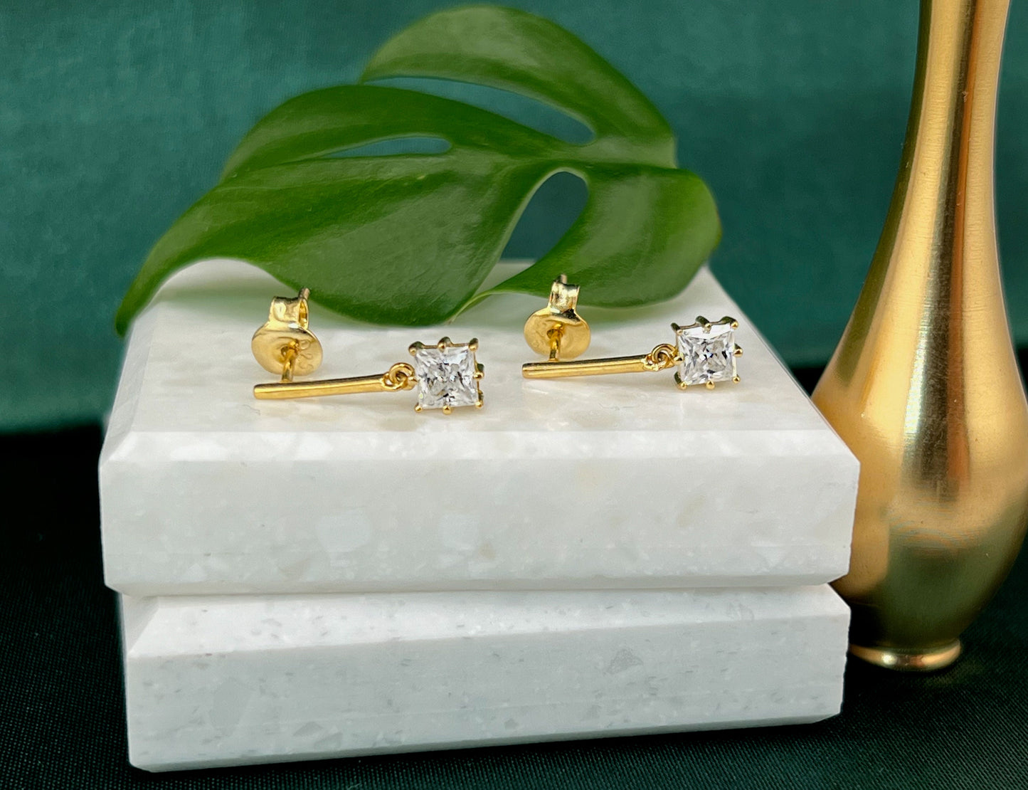 Moissanite Bar Stud Earrings: 1Ct Princess Cut, 14K Gold Plated Silver