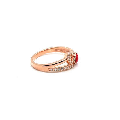 Rose Gold Double Heart Ring: Red Enamel CZ, Sterling Silver Size 7