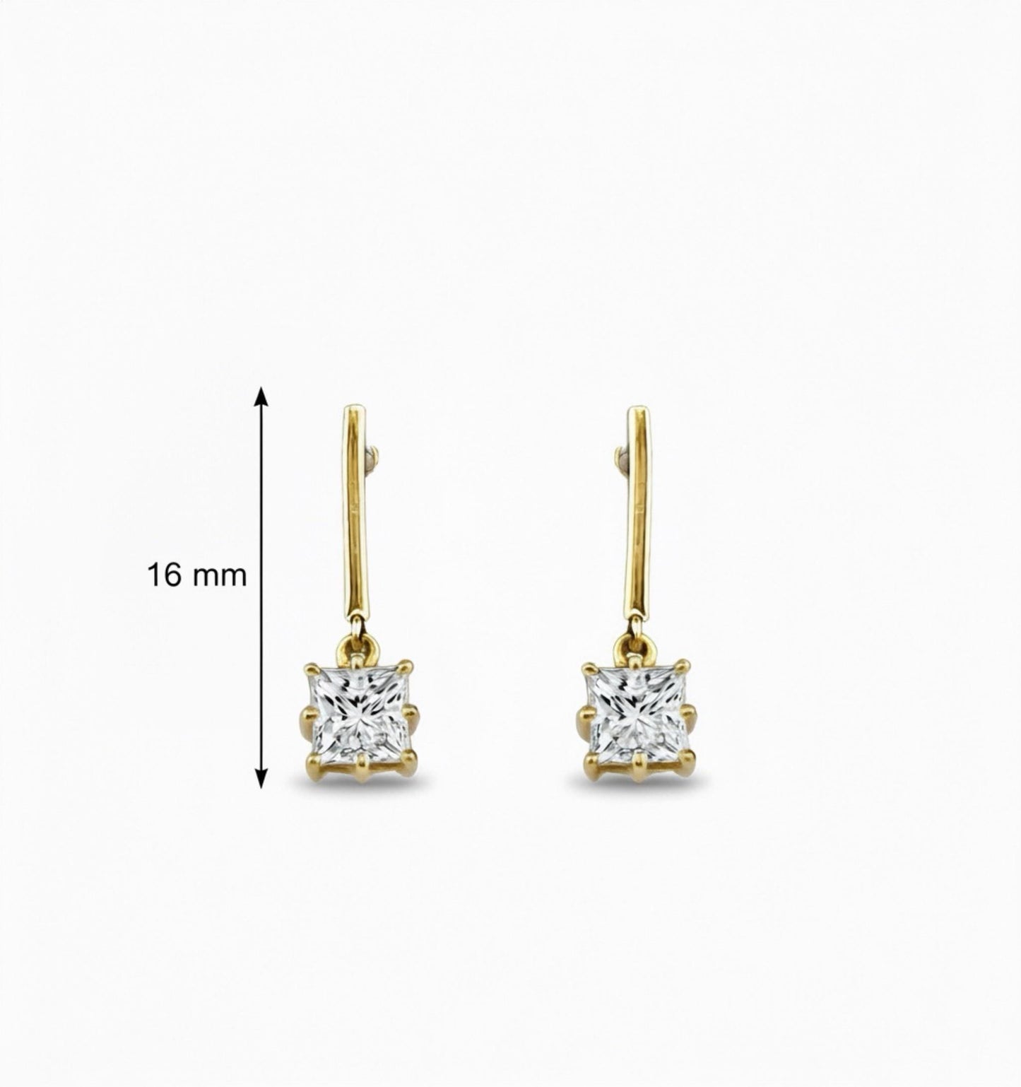 Moissanite Bar Stud Earrings: 1Ct Princess Cut, 14K Gold Plated Silver