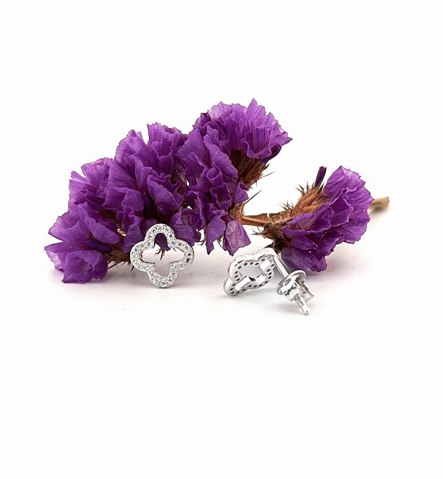 Moissanite Four Leaf Clover Stud Earrings: Sterling Silver Floral Earstuds