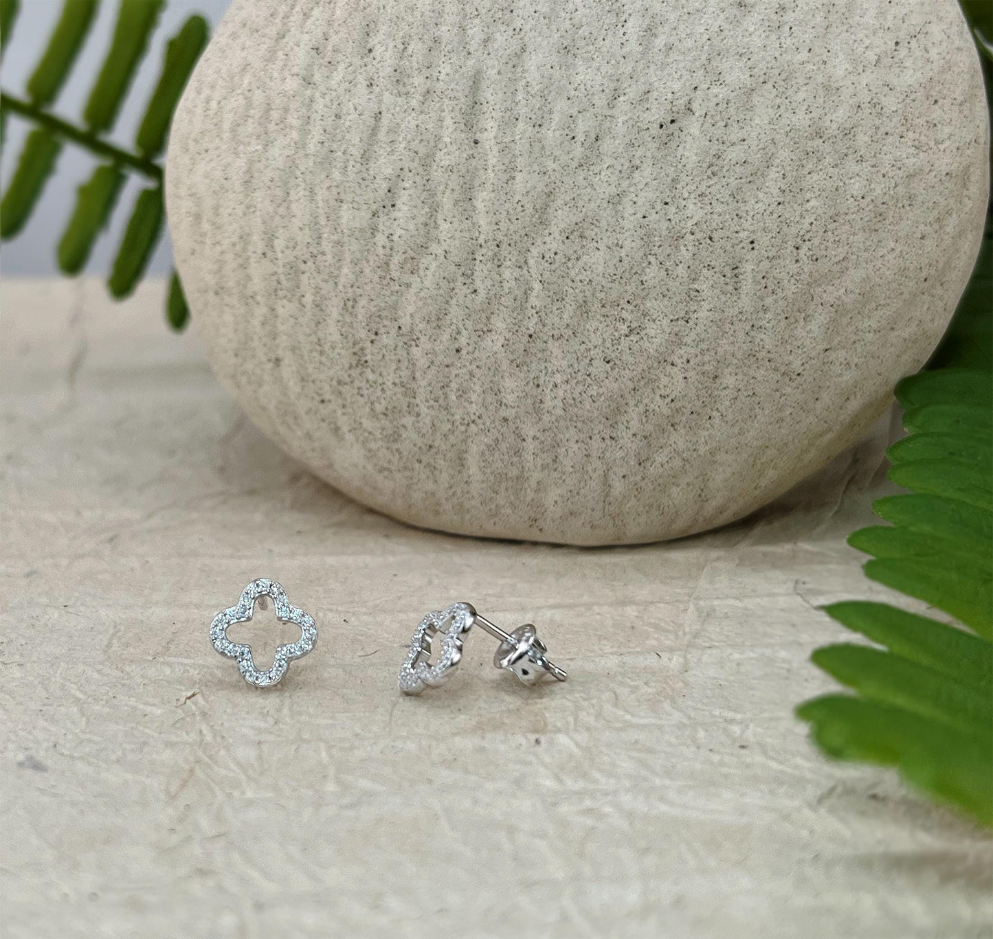 Moissanite Four Leaf Clover Stud Earrings: Sterling Silver Floral Earstuds