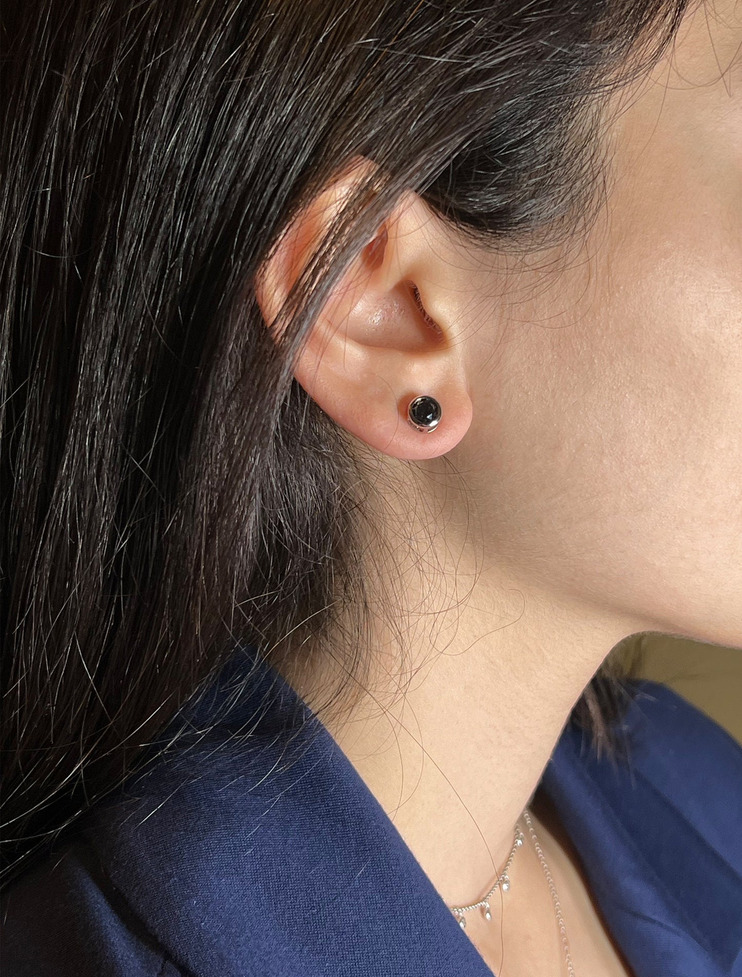 Black Diamond Stud Earrings: .925 Sterling Silver Bezel Solitaire