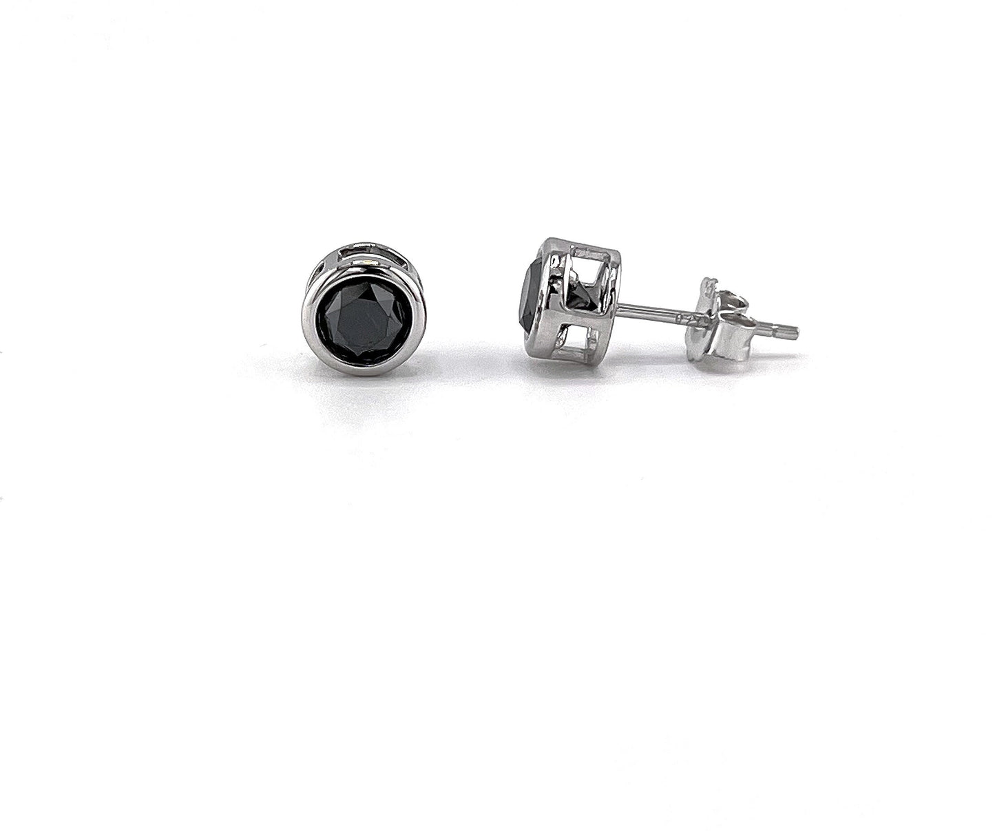 Black Diamond Stud Earrings: .925 Sterling Silver Bezel Solitaire