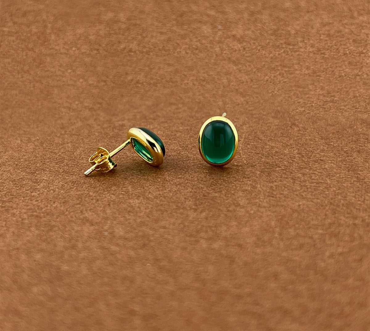 Emerald Stud Earrings: 18K Gold Plated Sterling Silver Bezel